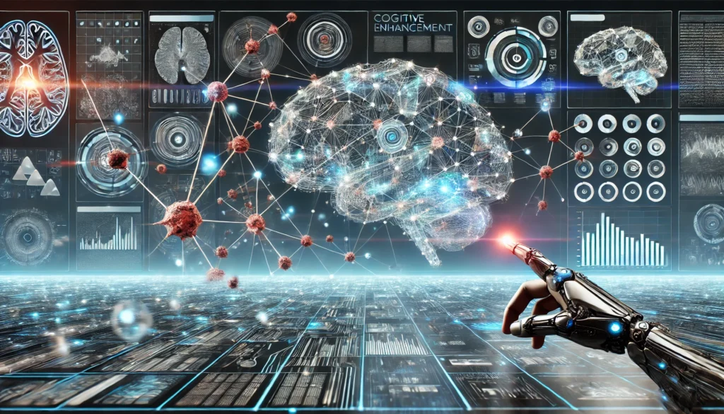 "A highly immersive digital brain workout scene, featuring interactive synaptic connections, floating neural circuits, and futuristic data visualizations, symbolizing cognitive enhancement, brain training, and neuroplasticity in a high-tech setting."