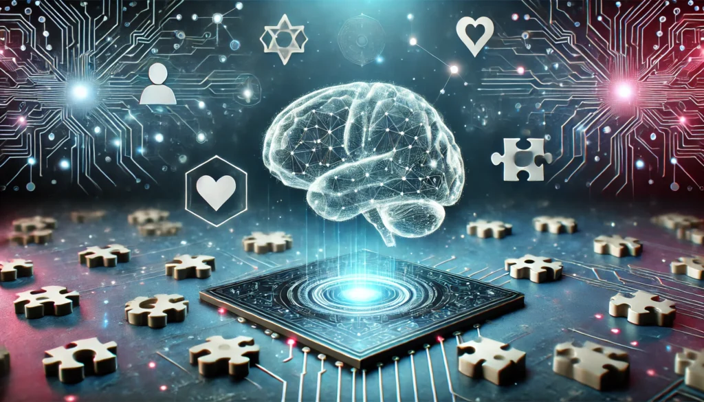 "A high-tech digital game environment with floating holographic puzzle pieces and a glowing brain at the center, symbolizing problem-solving and memory training. The background features interconnected neural circuits representing cognitive stimulation and enhanced thinking skills."