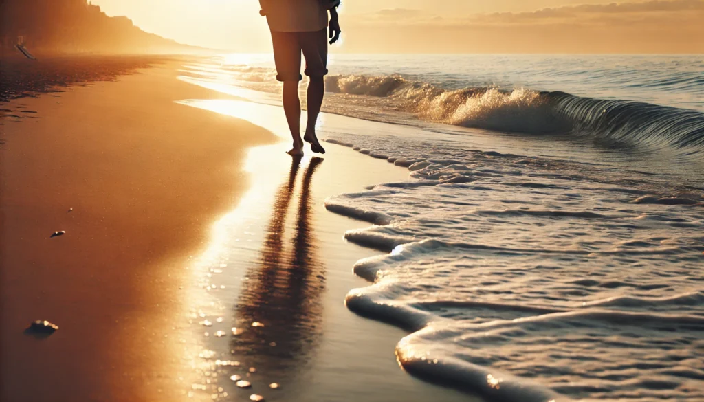 A tranquil beach at sunrise with gentle waves lapping the shore, featuring a person walking barefoot along the shoreline, representing the calming effects of nature as an alternative way to treat depression.