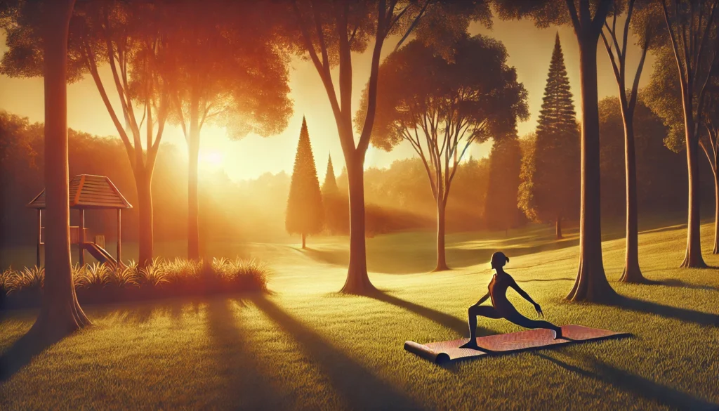 A peaceful park with a person practicing yoga on a grassy field, surrounded by tall trees and a golden sunset, highlighting movement and mindfulness as non-pharmacological depression treatments.