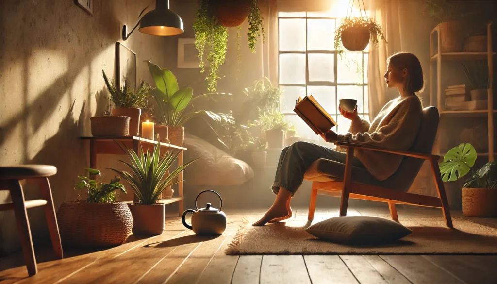 A cozy indoor scene with a person sitting in a chair, reading a book, and sipping tea, surrounded by warm natural light and houseplants, symbolizing self-care and personal reflection as an alternative treatment for depression