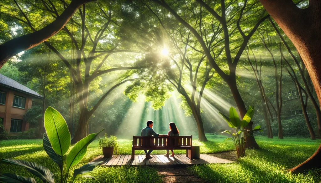 An outdoor therapy session in a peaceful park, where a therapist and patient sit on a wooden bench surrounded by lush greenery. Sunlight filters through the trees, symbolizing emotional healing, connection, and the role of nature in depression therapy.