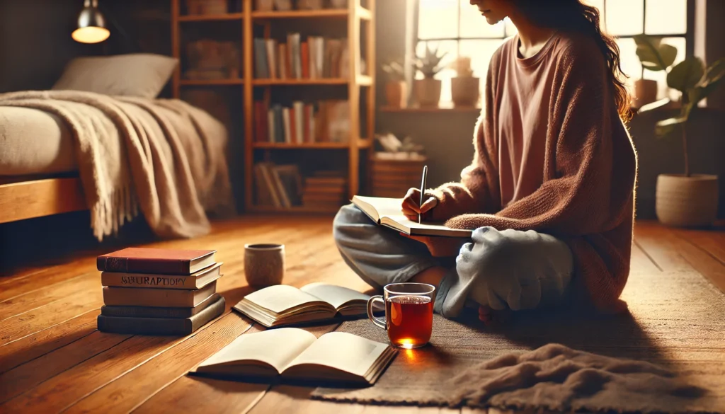 A peaceful home setting where a person is journaling with a cup of tea, surrounded by a cozy atmosphere and a bookshelf filled with self-help books. This image represents self-reflection, personal growth, and the therapeutic process of overcoming depression through mindful practices.