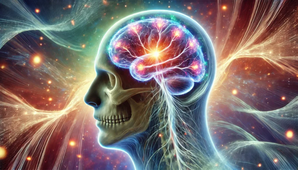 A surreal digital artwork showing a transparent human skull revealing a brain undergoing healing, with vibrant neural connections glowing. The background features flowing energy waves, symbolizing cognitive restoration and neural pathway strengthening