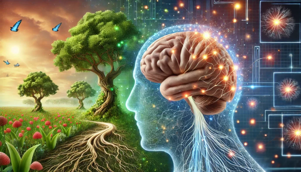 A highly detailed digital artwork depicting brain rehabilitation, where neural pathways resemble tree roots and glowing synapses connect the brain to a thriving natural environment, symbolizing cognitive recovery and harmony between nature and healing