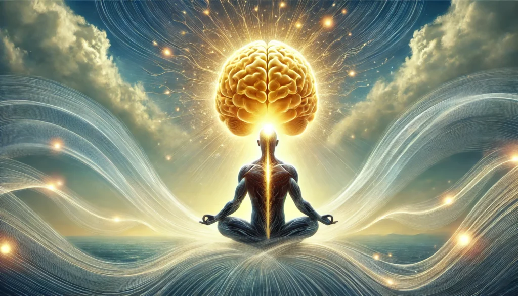 A meditating person in a tranquil nature setting with a glowing golden brain inside their head, radiating energy waves into the sky, symbolizing mindfulness, mental clarity, and cognitive harmony.