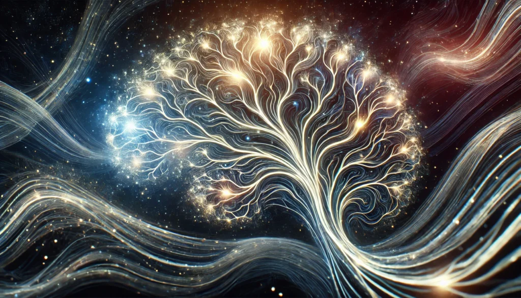 An abstract artistic interpretation of neural pathways forming strong connections, featuring glowing energy lines weaving through a dark cosmic background. This image symbolizes cognitive reinforcement and the power of habit in strengthening memory recall.