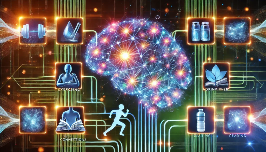 A vibrant, abstract visualization of brain neurons forming stronger connections through habit stacking. Glowing neural pathways dynamically evolve while subtle representations of healthy habits, such as drinking water and reading, enhance cognitive adaptability.