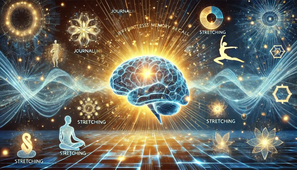 A surreal artwork of a luminous brain with neural pathways expanding, depicting effortless memory recall through habit stacking. In the background, abstract symbols of journaling, stretching, and learning blend seamlessly into the neural network.