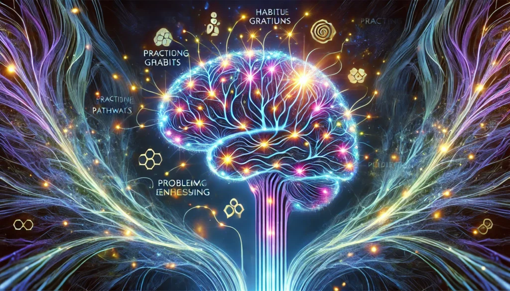 A conceptual depiction of a brain with radiant, branching neural pathways growing stronger due to habit stacking. Positive habits like problem-solving, meditation, and gratitude are interwoven with the glowing connections, symbolizing cognitive enhancement.