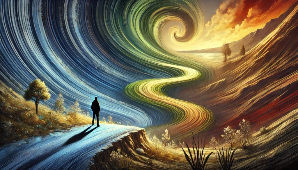 A surreal conceptual image of a person standing at the beginning of a winding path that changes in color and texture, symbolizing the gradual process of personal transformation. The landscape transitions from darkness and chaos to brightness and serenity, representing growth and change