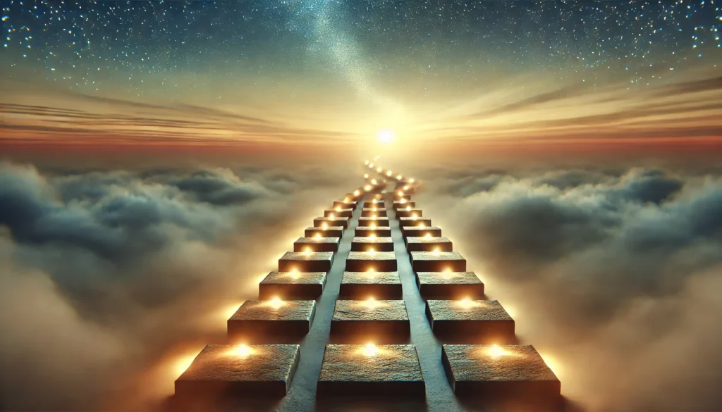 A symbolic representation of habit formation depicted by a pathway of stepping stones leading into the horizon, each glowing progressively brighter to signify gradual progress. The sky transitions from dusk to dawn, illustrating transformation and new beginnings. The serene yet inspiring atmosphere is enhanced by soft natural light and mist, evoking a sense of journey and persistence