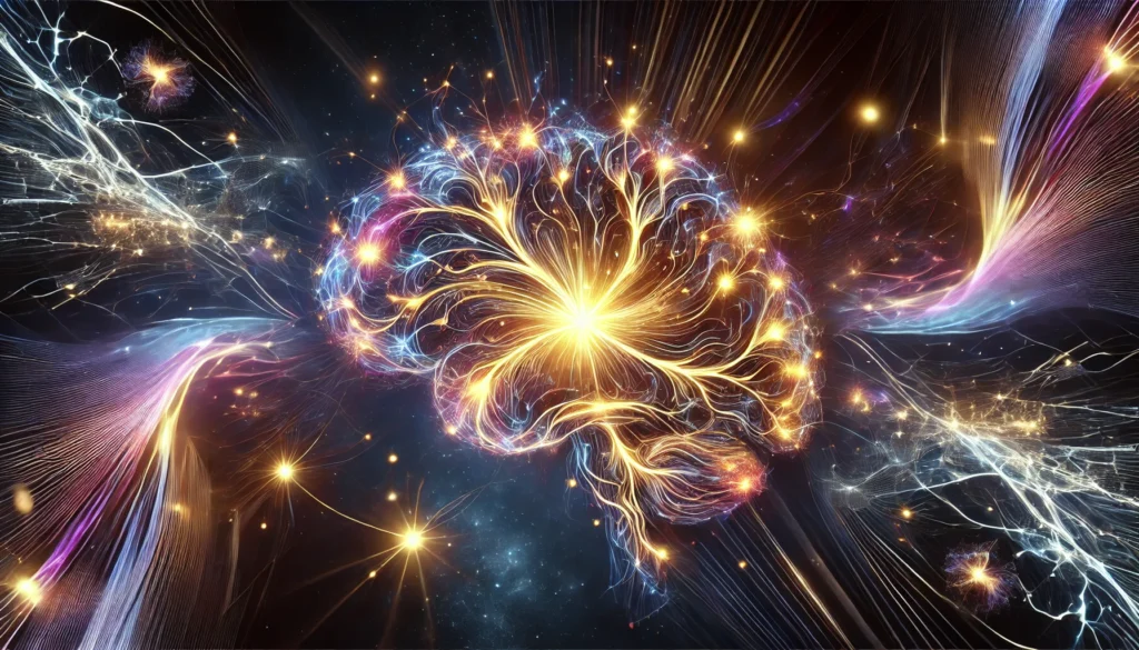 A stunning abstract image of neural synapses strengthening with electric energy, showcasing the science of habit formation. The interconnected pathways evolve dynamically with bright pulses of light, representing cognitive reinforcement and brain development.