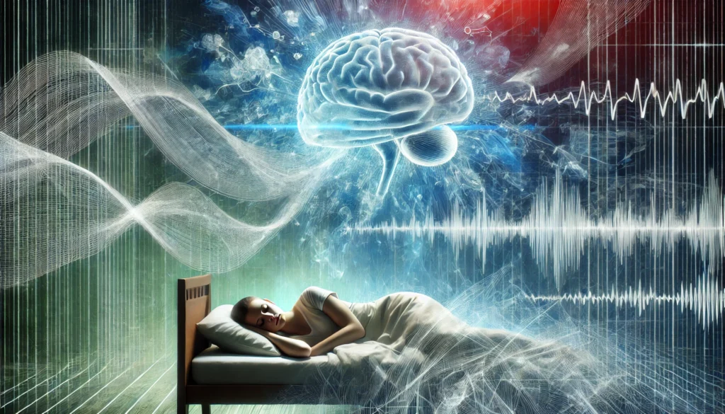 Is there data for sleep affecting you? A conceptual dreamscape merging sleep and technology, illustrating a peaceful sleeper with ethereal visualizations of brainwaves and REM cycles, symbolizing the connection between sleep quality and data analysis.