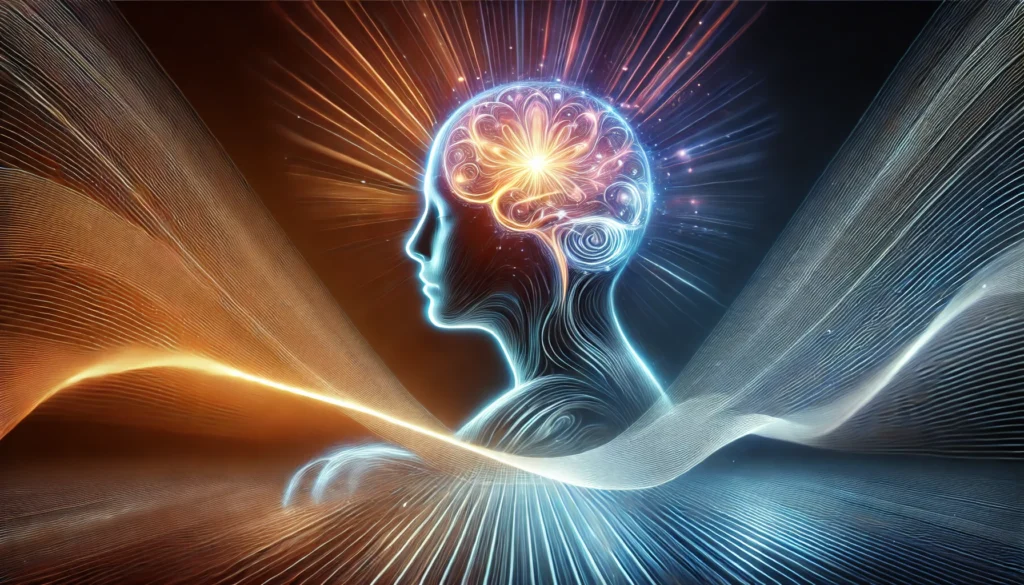 A person in a meditative state with an ethereal glow around their head, representing heightened concentration, cognitive balance, and enhanced memory retention.