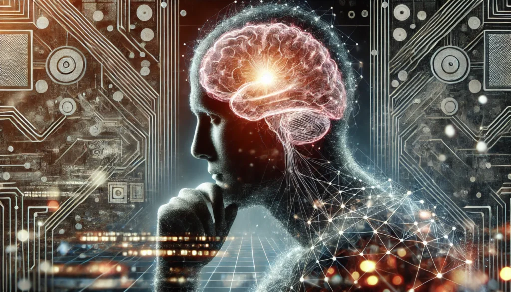 A conceptual image of a person deep in thought, with a glowing brain overlay and neural pathways extending outward. The background is a mix of abstract patterns and digital elements, symbolizing cognition, memory, and complex thought processing.