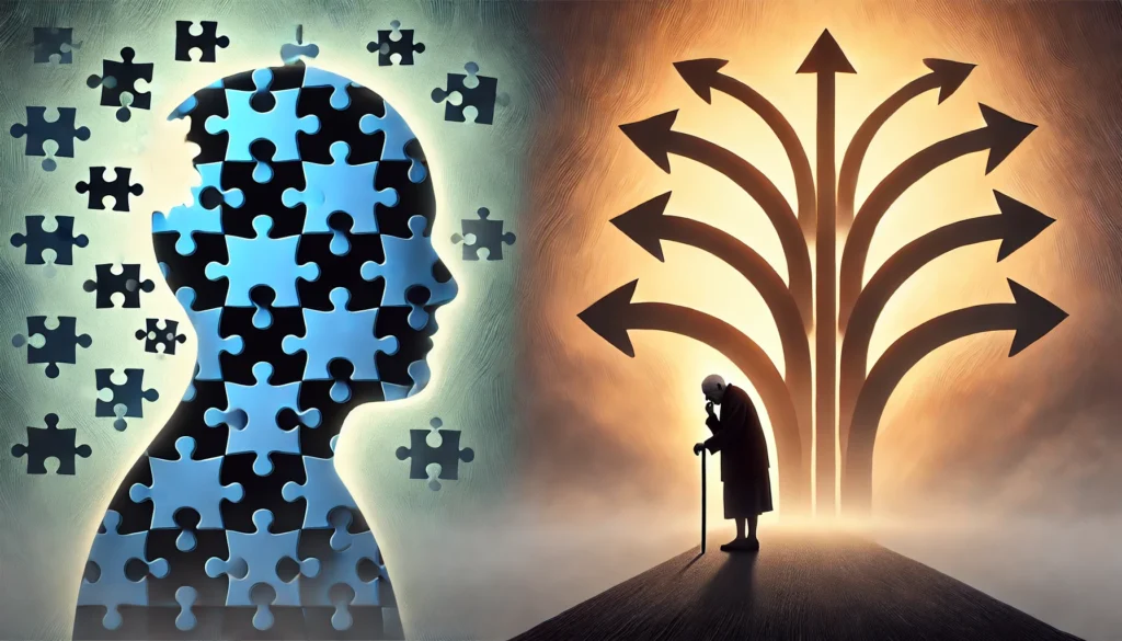 Symbolic comparison of amnesia and dementia, illustrating memory gaps and decision-making difficulties