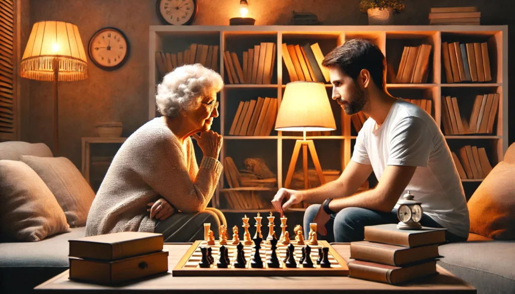 An elderly woman playing chess in a cozy indoor setting – Highlighting cognitive engagement through mentally stimulating activities.