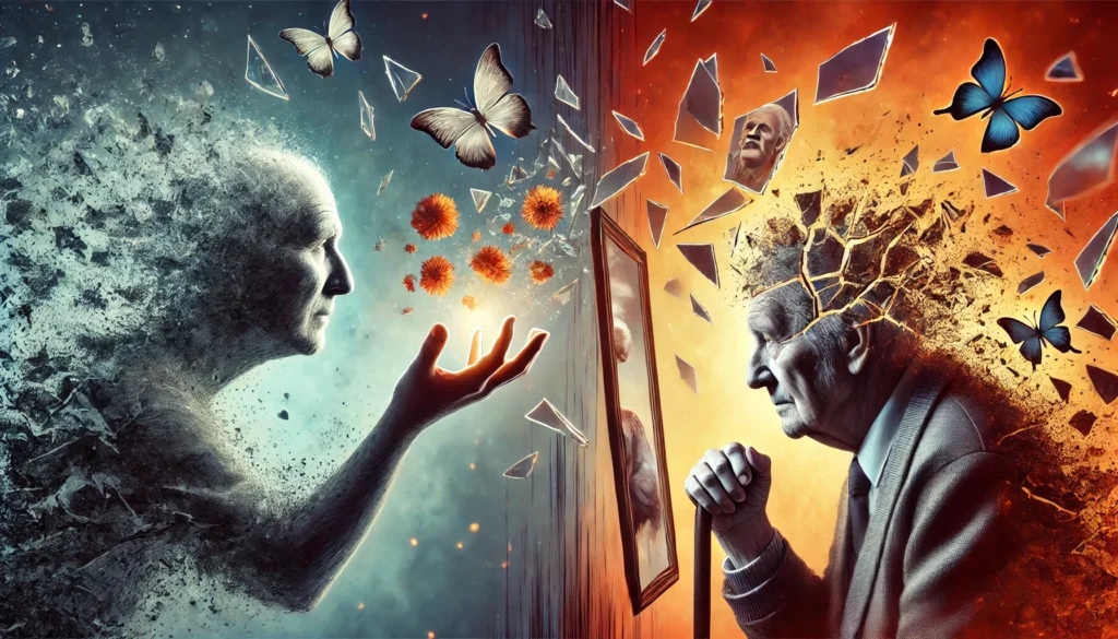 Artistic depiction of amnesia and dementia, emphasizing fragmented memory and distorted perception