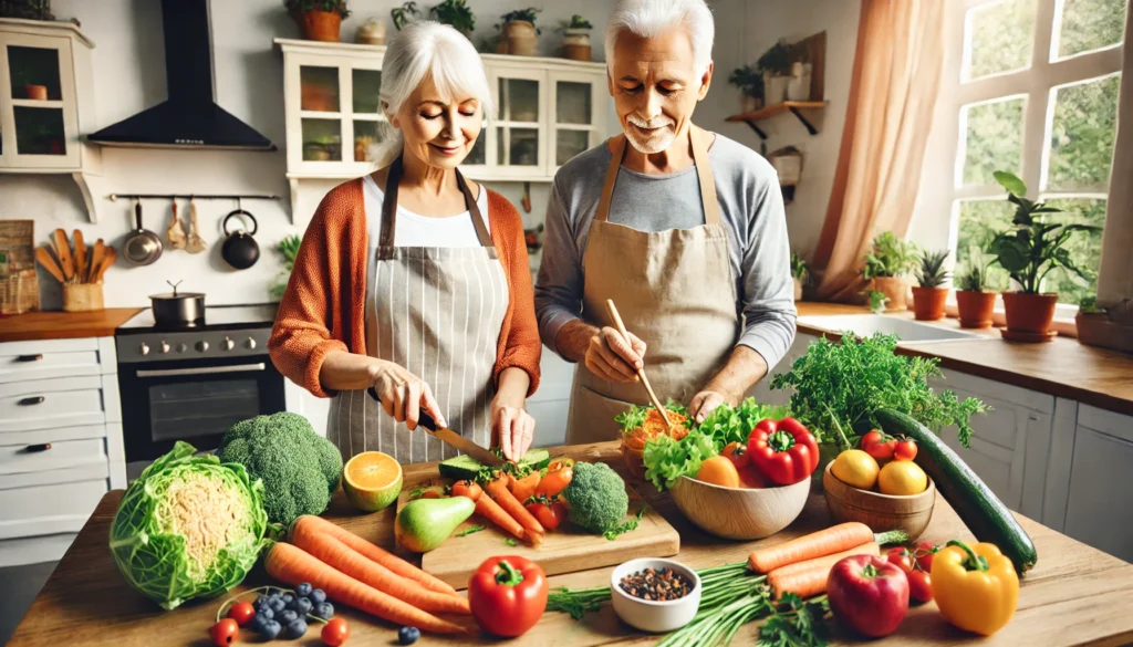 An elderly couple preparing a healthy meal with fresh ingredients – Showcasing the importance of a balanced diet for brain function.