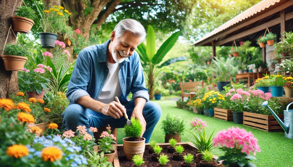 An elderly man joyfully tending to a garden – Demonstrating the benefits of nature and a stress-free lifestyle for cognitive well-being.