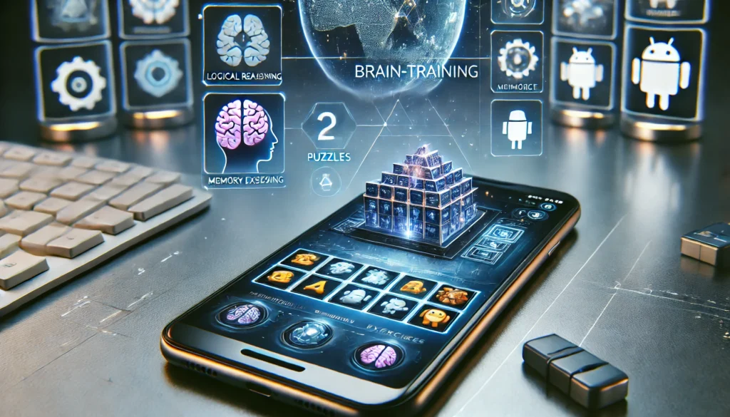 A futuristic digital artwork of an Android smartphone displaying a brain game with logic puzzles and memory exercises, symbolizing cognitive growth and intelligence