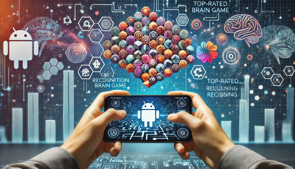 An immersive scene of a person engaging with a top-rated brain game on an Android phone, showcasing problem-solving, pattern recognition, and mental agility