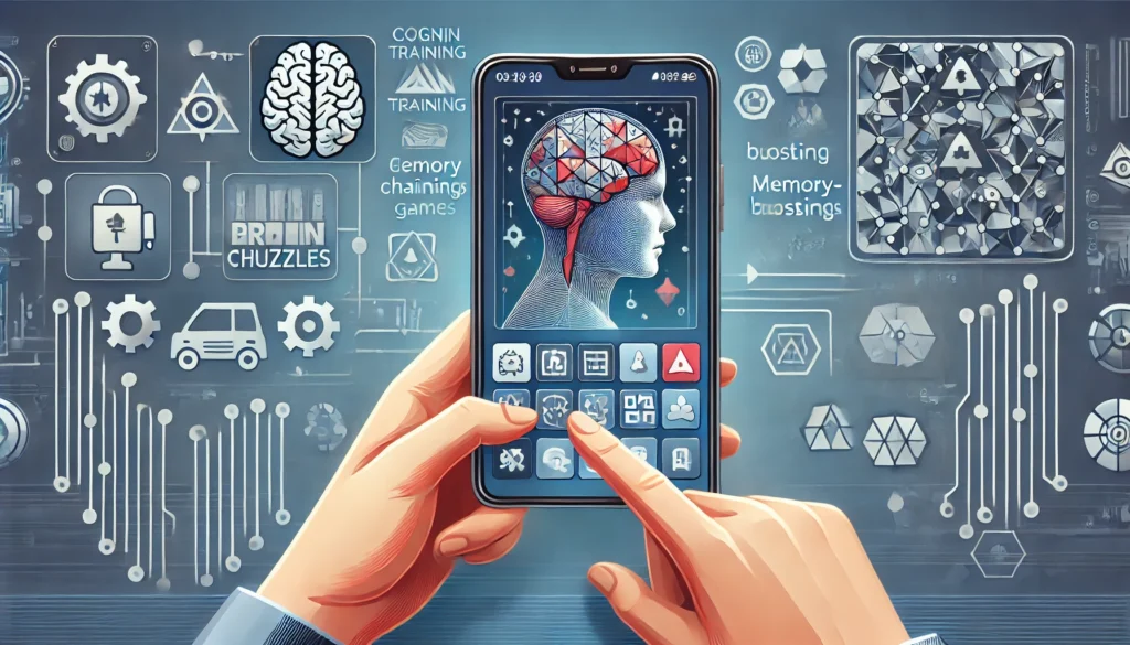 A modern illustration of a person interacting with a brain-training game on an Android smartphone, featuring cognitive puzzles and a neural-tech-inspired background