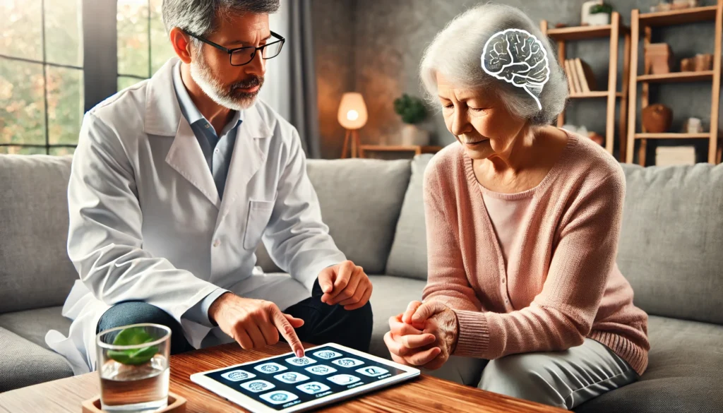 An elderly woman engaging in a memory therapy session with a trained specialist, using a tablet for digital cognitive exercises. The setting is a cozy and well-lit room, with the therapist guiding the patient through interactive memory recall activities, showcasing modern technology in memory rehabilitation.