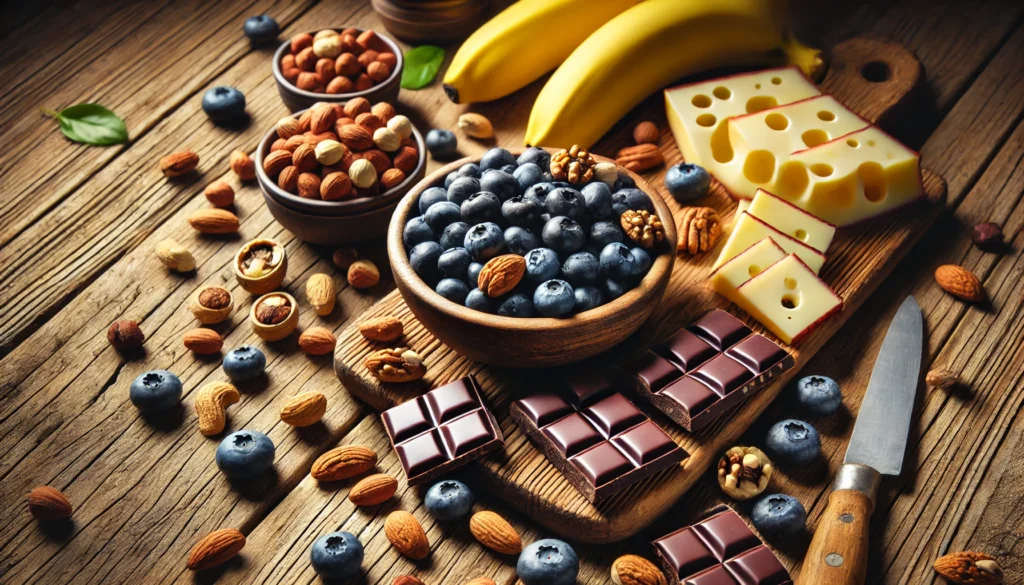 A warm and inviting spread of dopamine-boosting snacks, including a bowl of dark chocolate pieces, mixed nuts, blueberries, banana slices, and cheese, arranged on a rustic wooden table.