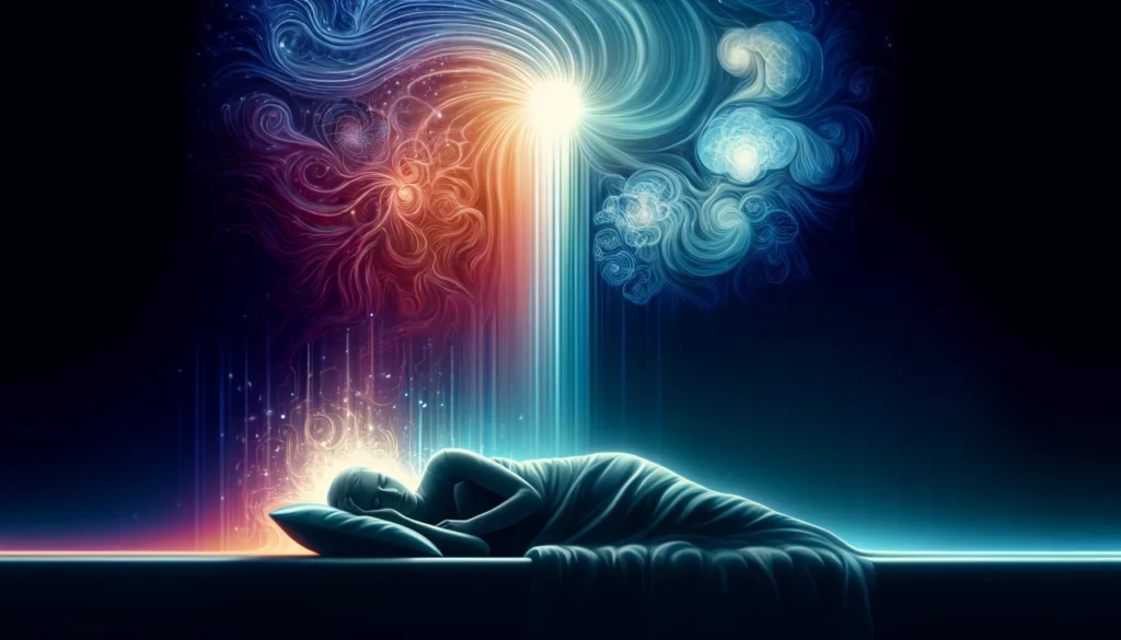 A conceptual illustration of the sleep cycle, highlighting the transition between NREM and REM sleep. The gradient of colors represents the shifting brain activity, emphasizing that dreams occur in different sleep stages