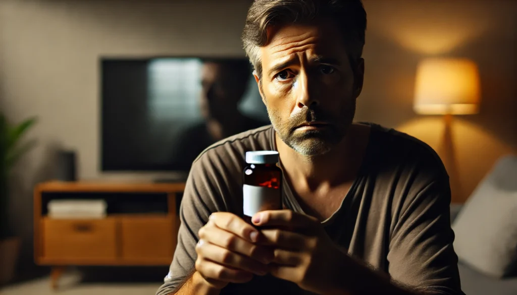 A middle-aged man staring blankly at a TV screen while holding a pill bottle, conveying confusion and disorientation linked to drug-induced dementia