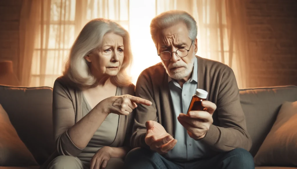 An elderly couple struggling to read a prescription label, highlighting cognitive difficulties associated with medication side effects.