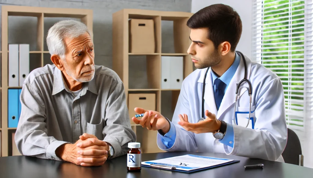 A doctor discussing medication effects with an elderly patient, who appears confused, emphasizing the need for careful medication management.