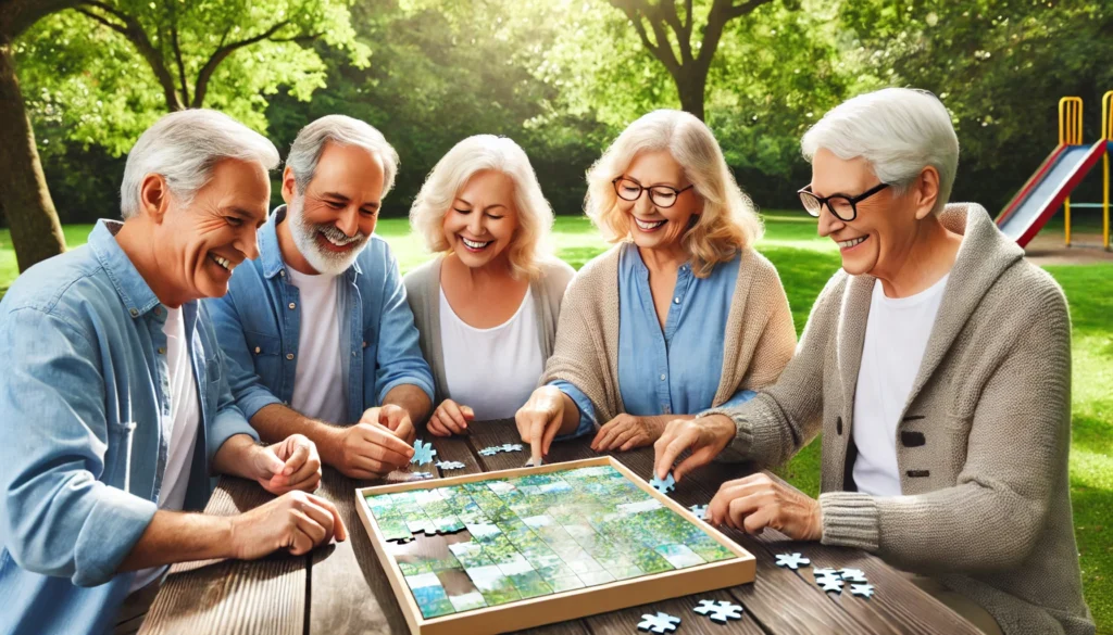 Elderly friends enjoying a brain training activity in a lush green park, collaboratively solving a large puzzle on a picnic table while smiling and socializing.