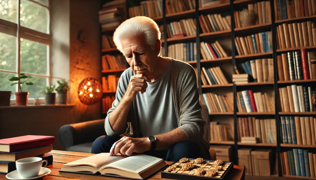 Elderly man sitting in a cozy home library, concentrating on a brain training book or puzzle, surrounded by bookshelves in a warm and peaceful setting.