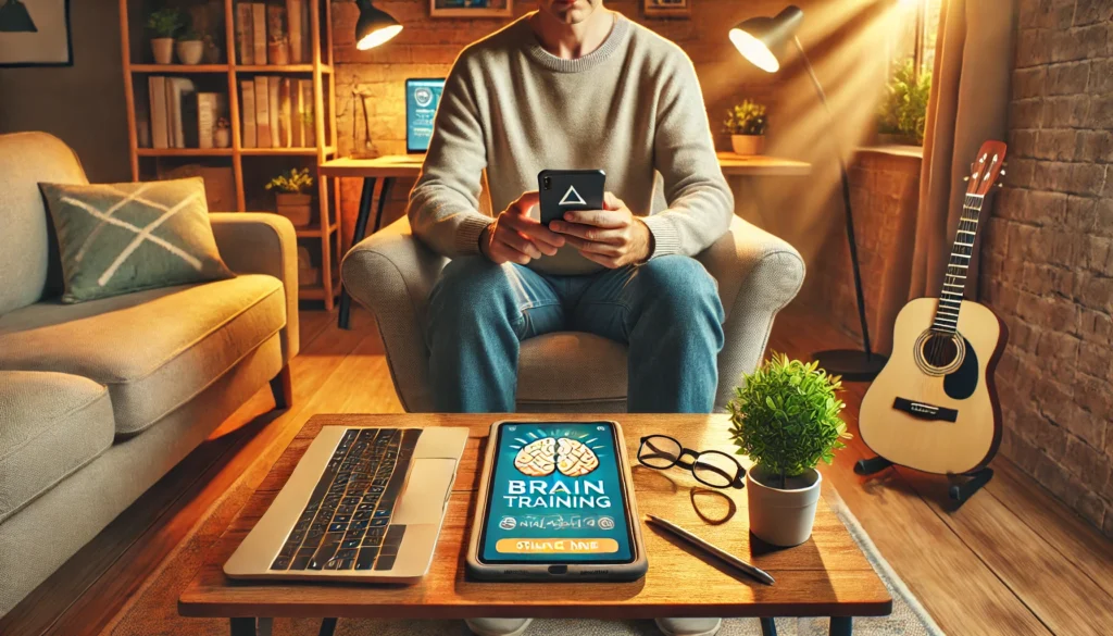 A cozy home environment where a person engages with a brain-training app, emphasizing relaxation and cognitive improvement. Is Elevate App Free? Discover how it fits into your daily routine.