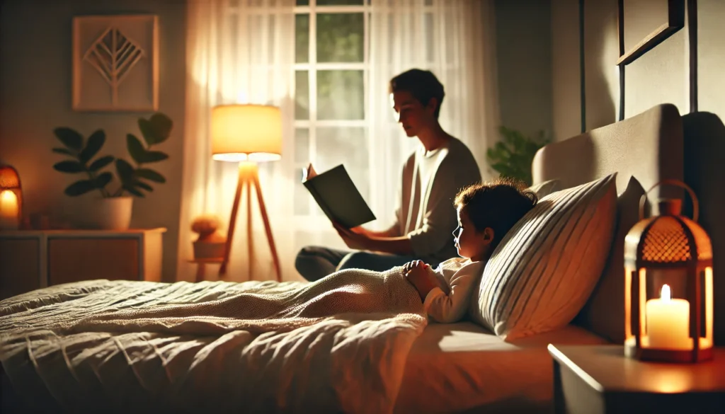 A calm and relaxing bedtime scene with a parent reading a bedtime story to their child. The softly lit room creates a warm and cozy atmosphere, promoting healthy sleep habits.