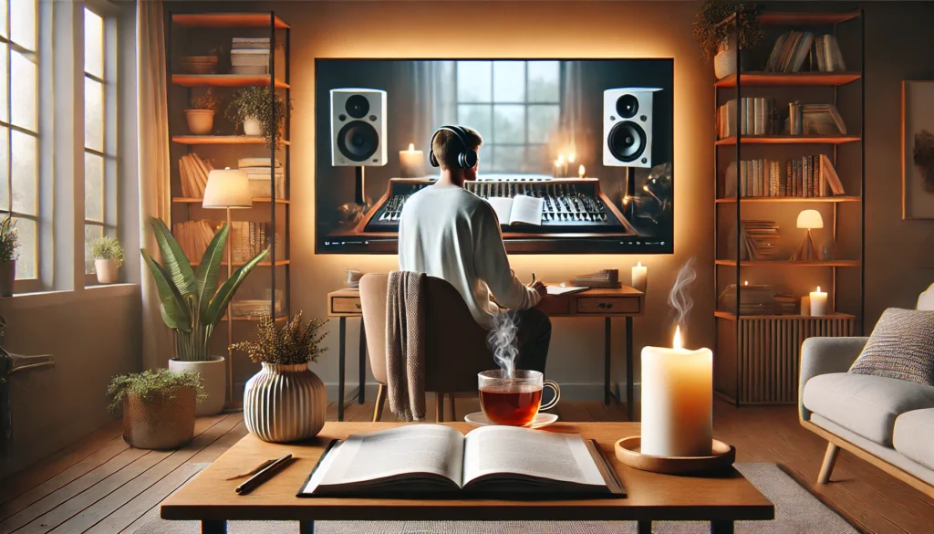 A cozy living room scene with a person sitting on a plush armchair, wearing headphones, holding a notebook. Nearby, a glowing candle and a steaming cup of tea rest on a small table, with warm lighting and indoor plants adding harmony and calm.