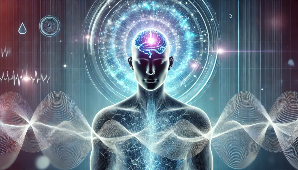 A futuristic depiction of a person experiencing heightened mental clarity, with a glowing energy field around their head, symbolizing the effects of nootropic supplementation. Abstract neural waves enhance the modern aesthetic.