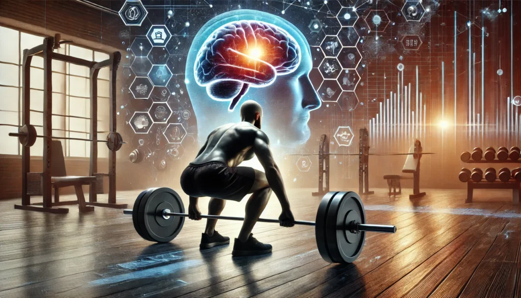 A person engaged in an intense workout session, lifting weights in a modern gym. The scene emphasizes physical exercise as a strategy for cognitive enhancement, boosting mental sharpness and brain function.