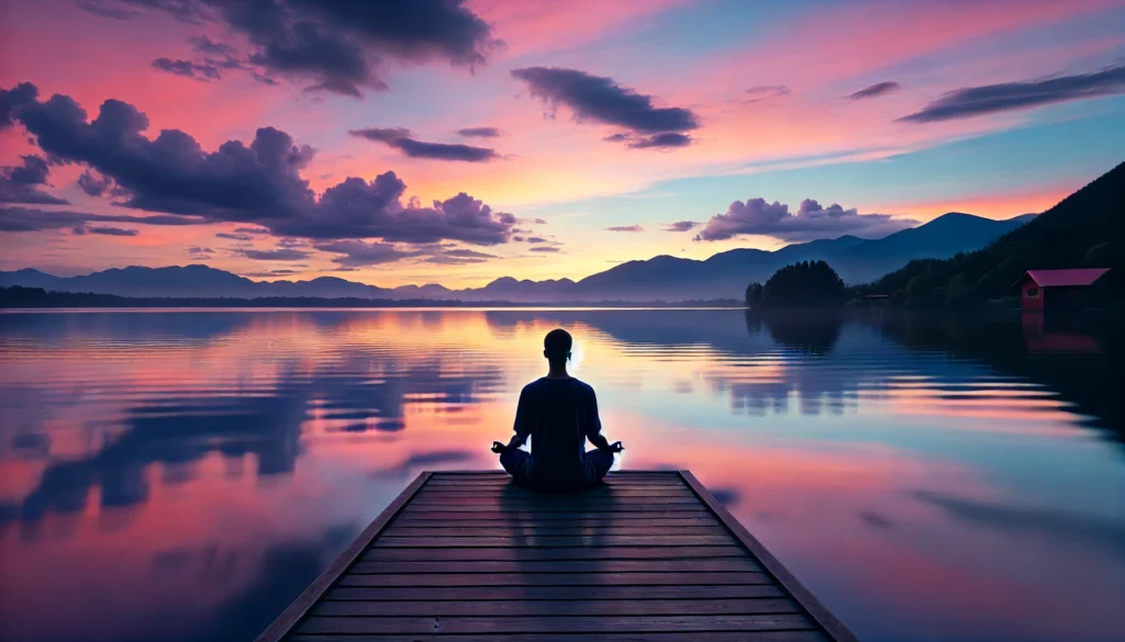 A tranquil lakeside setting at dusk, where a person sits in a lotus position, eyes closed, practicing guided visualization meditation, with calm water reflecting the pastel sky.