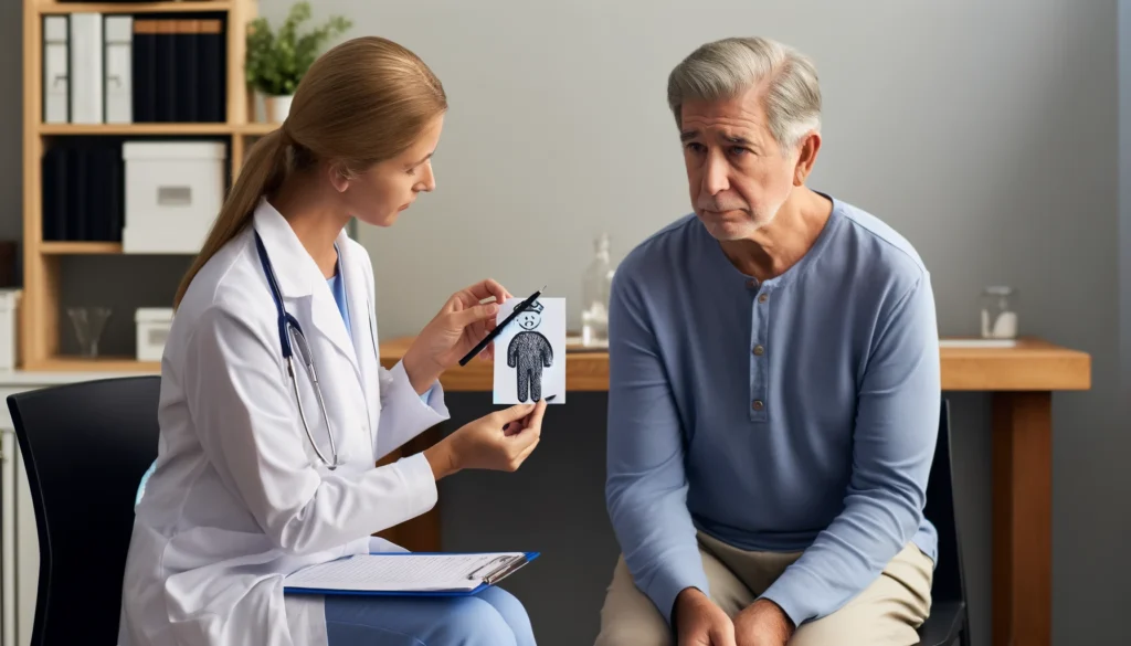 Elderly man taking a dementia screening test at a doctor’s office, assessing memory and cognitive skills