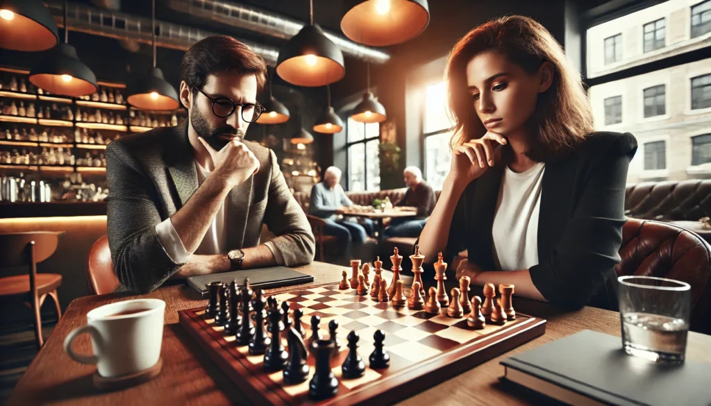 A man and a woman deeply engaged in a challenging chess game at a stylish cafe, concentrating on their moves in a relaxed yet stimulating environment.