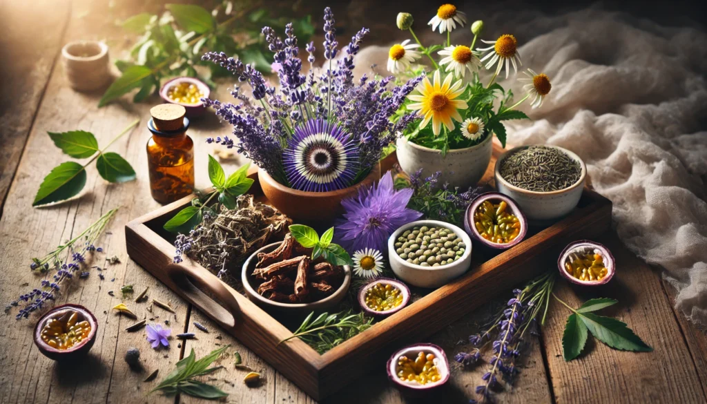 A natural arrangement of fresh and dried herbal remedies for mood balance, displayed on a wooden tray. The scene features fresh lavender, dried valerian root, passionflower, chamomile flowers, and a small dish of holy basil leaves, softly illuminated to enhance relaxation and tranquility.