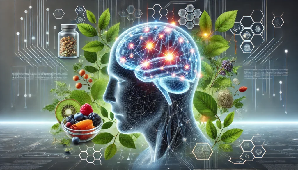 A transparent human brain with glowing neural pathways, surrounded by natural elements like leaves, berries, and herbal extracts, representing cognitive enhancement and dementia prevention.