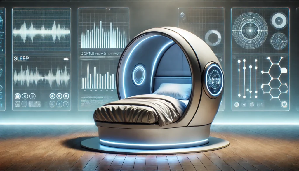 A sleek, modern sleep pod with built-in ambient lighting and relaxation features, emphasizing the future of sleep technology and its role in enhancing sleep quality.