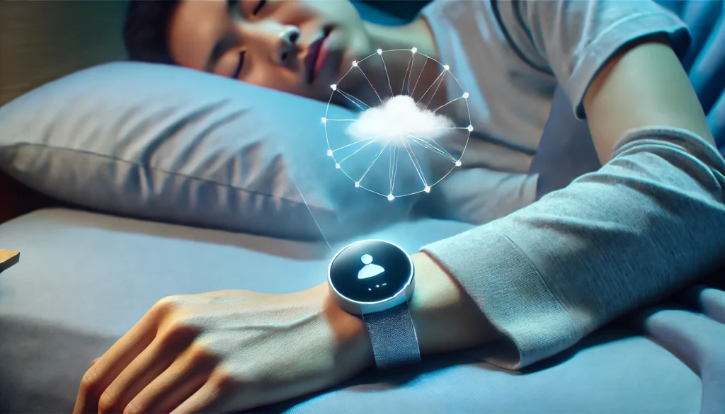 A person resting peacefully while wearing a futuristic sleep tracker on their wrist, emitting a gentle glow, symbolizing advanced sleep monitoring technology.