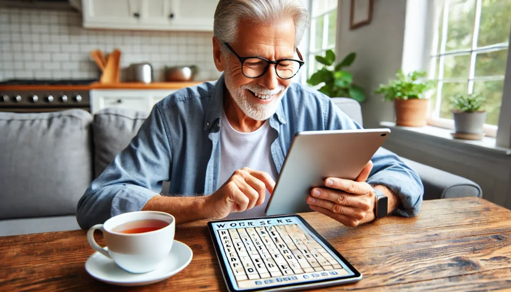 Elderly man with glasses enjoying an online word search puzzle on a tablet, enhancing cognitive function – free online games for seniors with dementia