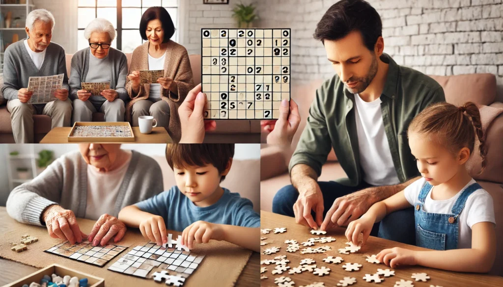 Do brain games work? A diverse group engaging in brain training activities, including sudoku, memory card games, and jigsaw puzzles in a cozy setting